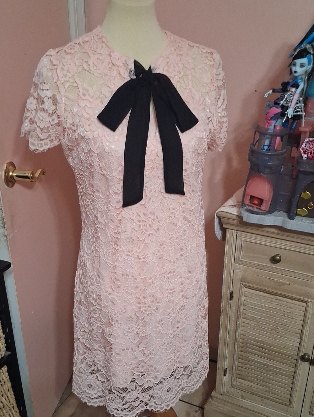 belle sky Blush Pink Lace Dress with Black Bow